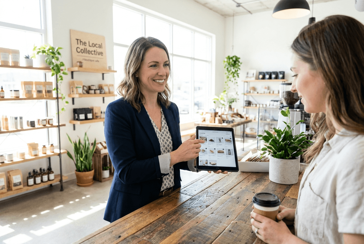 Shop owner showing product catalogue on a tablet to a customer