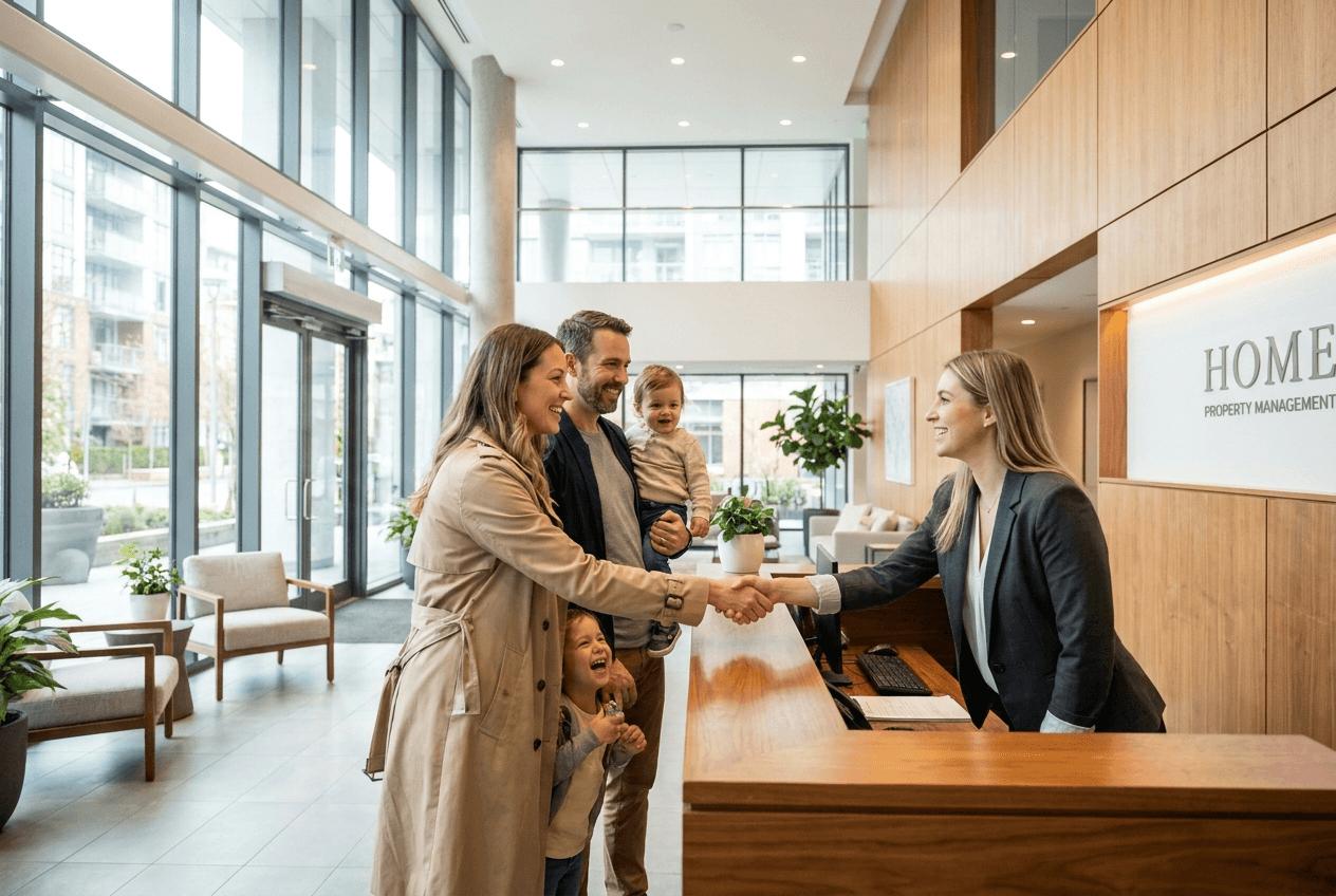 Family checking in at a housing society management desk