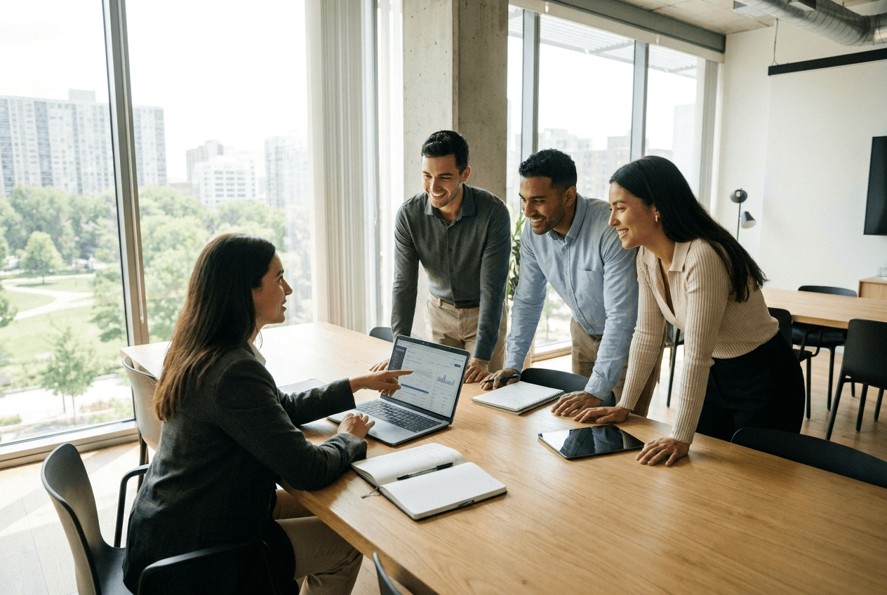 Team of four professionals reviewing work plans at a conference table