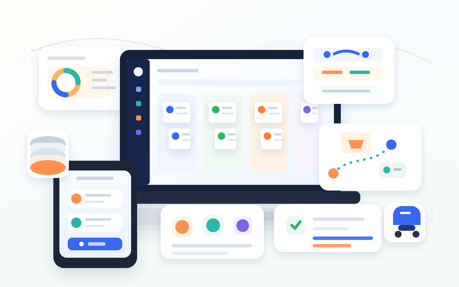 OneFoodDialer product mockup showing food ordering, meal plan, kitchen dispatch, wallet, and delivery surfaces